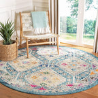 SAFAVIEH Madison Collection 3' Round Dark Blue / Yellow MAD418N Boho Diamond Distressed Non-Shedding Dining Room Entryway Foyer Living Room Bedroom Area Rug