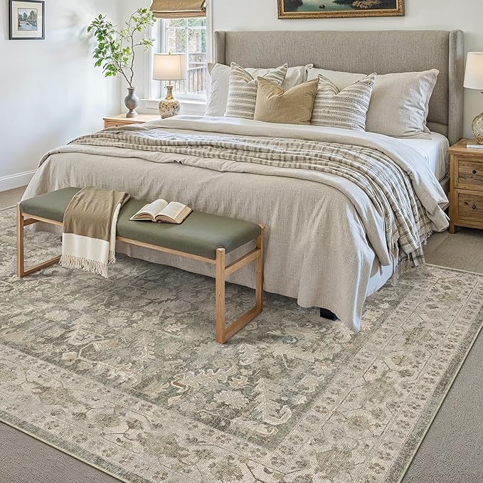 Brown 6x9 Area Rug Vintage Washable Living Room Carpet Non Slip Bedroom Indoor Office Low Pile Large Traditional Distressed Retro Accent Rug for Dining Room Bathroom Kitchen