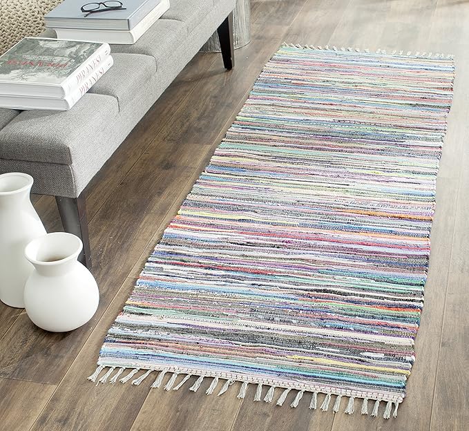SAFAVIEH Rag Rug Collection Runner Rug - 2'3" x 10', Grey & Multi, Handmade Boho Stripe Cotton, Ideal for High Traffic Areas in Living Room, Bedroom (RAR121M)