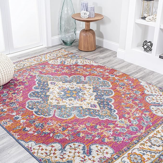 JONATHAN Y Boho Vintage Fuchsia/White Indoor Area Rug, 8x10, Bohemian Flair Medallion, Floral Easy-Cleaning High Traffic for Living Room, Bedroom, Kitchen, Pet-Friendly, Non-Shedding (BMF106C-8)