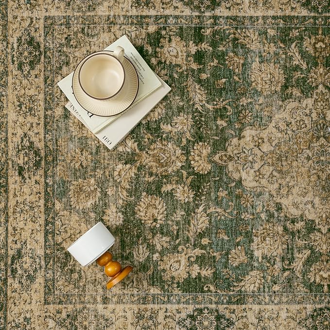 HUGEAR 2x6 Runner Rug Hallway Machine Washable Retro Green Vintage Floral Low Pile Carpet Distressed Long Throw Rug Bedroom Office Bathroom Kitchen Laundry Non Slip Soft Lightweight