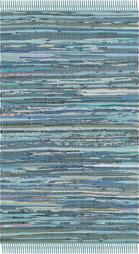 SAFAVIEH Rag Rug Collection Accent Rug - 2'3" x 5', Blue & Multi, Handmade Boho Stripe Cotton, Ideal for High Traffic Areas in Entryway, Living Room, Bedroom (RAR121B)