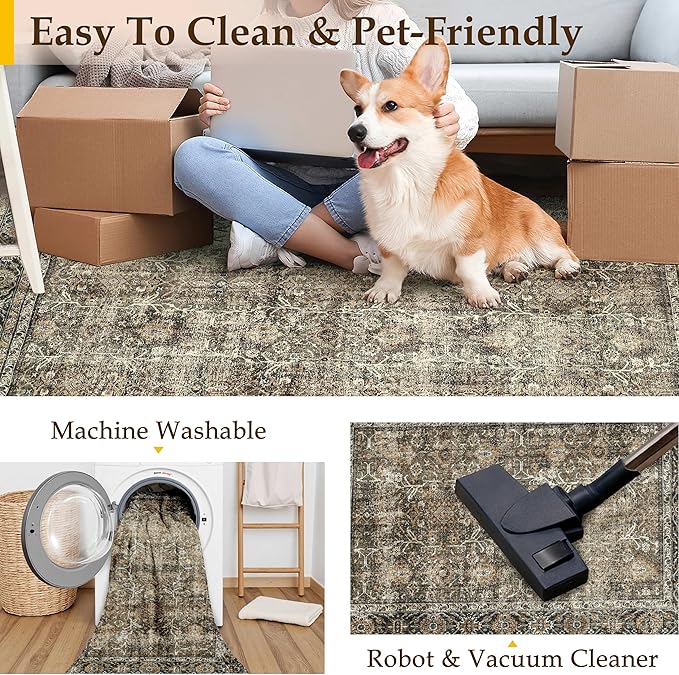 Vintage Area Rug 3x5 Brown Entryway Office Washable Carpet Non Slip Bedroom Indoor Living Room Door Mat Low Pile Traditional Distressed Retro Accent Rug for Dining Room Bathroom Kitchen