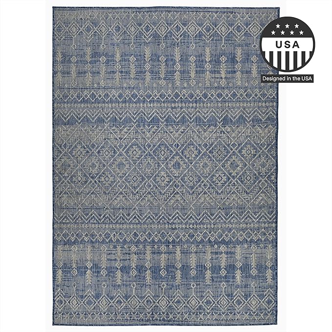 FH Home Flat Woven Outdoor Rug - Waterproof, Easy to Clean, Stain resistant - Premium Polypropylene Yarn - Boho Moroccan - Patio, Deck, Porch, Balcony, Laundry Room - Dakar - Blue - 3ft 11in x 5ft 6in