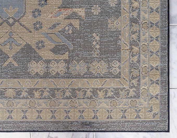 Unique Loom Taftan Collection Border Geometric Tribal Inspired Design Area Rug (8' 0 x 8' 0 Square, Navy Blue/ Gold)