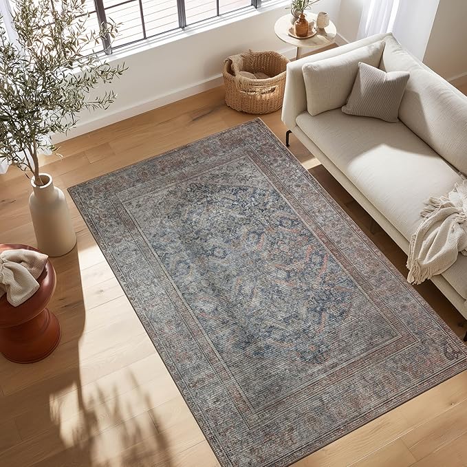 Kuden 5x7 Area Rug, Machine Washable Area Rug with Non-Slip Backing, Vintage Style, Soft, Easy Clean, Low Pile Rug for Living Room, Bedroom, Dining Room