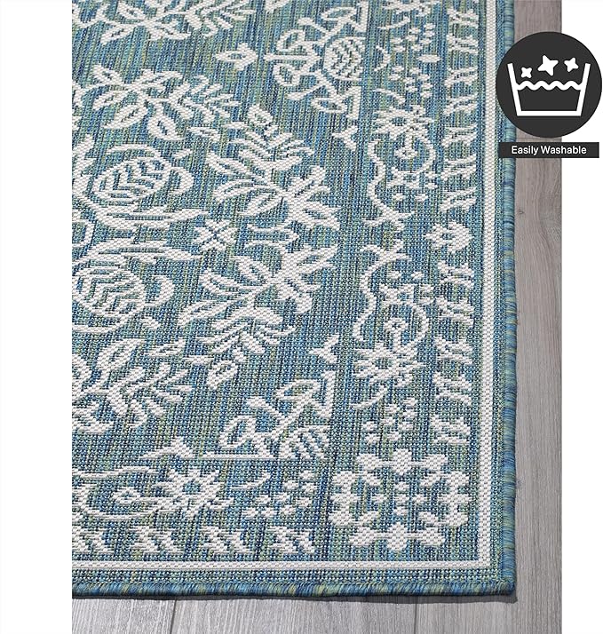 FH Home Flat Woven Outdoor Rug - Waterproof, Easy to Clean, Stain Resistant - Premium Polypropylene Yarn Farmhouse - Patio,Deck,Porch,Balcony,Laundry - Marbella - Ocean - 3ft 11 in x 5ft 6in