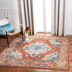 SAFAVIEH Monaco Collection Area Rug - 8' Square, Orange & Light Blue, Boho Chic Medallion Distressed Design, Non-Shedding & Easy Care, Ideal for High Traffic Areas in Living Room, Bedroom (MNC243H)