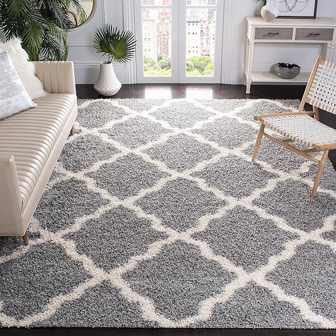 SAFAVIEH Dallas Shag Collection Area Rug - 8' Square, Grey & Ivory, Trellis Design, Non-Shedding & Easy Care, 1.5-inch Thick Ideal for High Traffic Areas in Living Room, Bedroom (SGD257G)