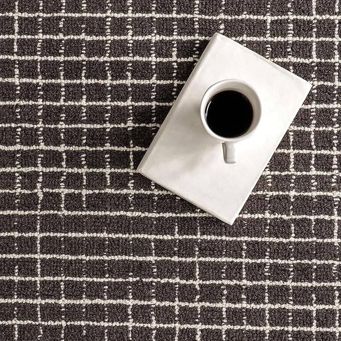 Rugs USA Melrose Checked Wool Area Rug - 4x6 Area Rug Contemporary Charcoal/Ivory for Living Room Bedroom Dining Room Kitchen