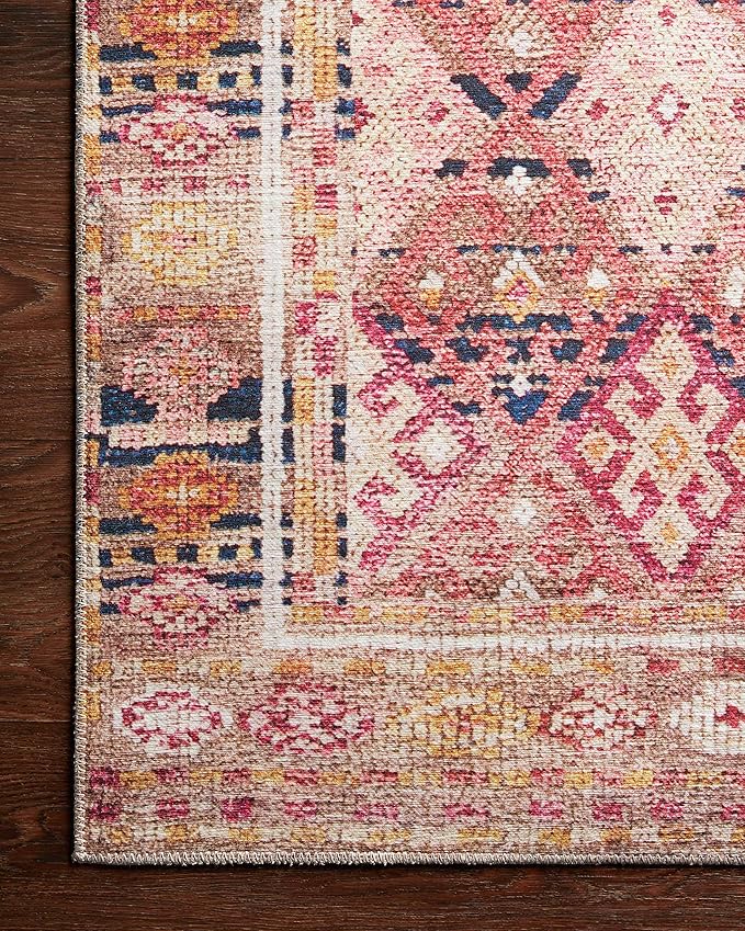 Loloi Layla Collection LAY-15 Magenta/Multi 2'-0" x 5'-0" .13" Thick Accent Rug, Soft, Durable, Vintage Inspired, Distressed, Low Pile, Non-Shedding, Easy Clean, Printed, Living Room Rug