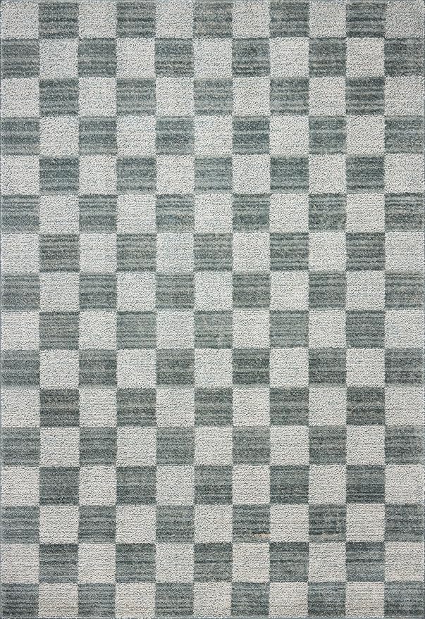 Loloi Chris Loves Julia Calvin Collection CLV-01 Blue/Ivory 2'-7" x 7'-6" Runner Rug Checkered Neutral Soft Living Room Bedroom Carpet