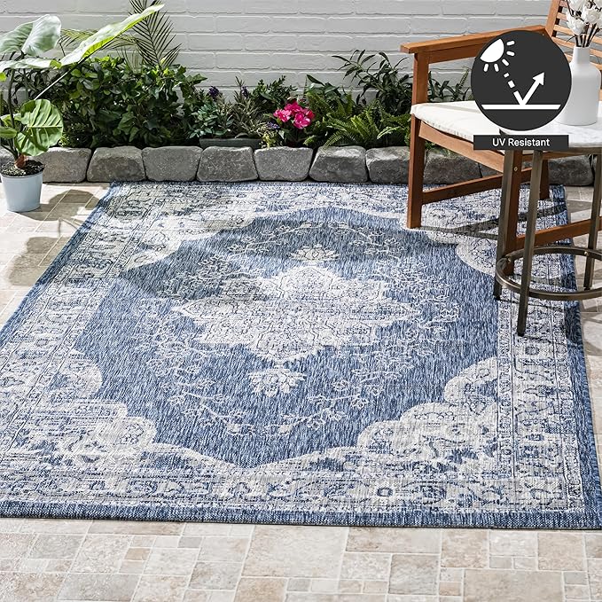 FH Home Outdoor Area Rug - Waterproof Easy to Clean Stain Resistant - Patio Indoor Outdoor Porch Deck Balcony Entryway - Vintage Distressed - Gorgan - Blue - 7ft 8in x 9ft 8in