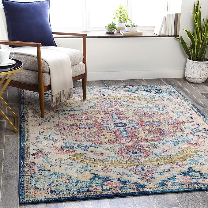 Livabliss Area Rugs - 5ft Round Odelia Vintage Boho Aqua Burgandy Blue Round Area Rug for Living Room Bedroom - Floral Medallion Stain Resistant Carpet for Kitchen, Nursery, Office (5'3" Round)