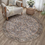 Hugear Round Rug 4ft Entryway Rugs Machine Washable Tradition Brown Hallway Area Rug 4x4 Small Circle Accent Rug Floral Low Pile Carpet Soft Throw Rug Living Room Office Laundry Room Entrance Non Slip