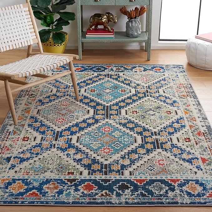 SAFAVIEH Madison Collection Area Rug - 6'7" Square, Navy & Beige, Boho Diamond Distressed Design, Non-Shedding & Easy Care, Ideal for High Traffic Areas in Living Room, Bedroom (MAD418M)