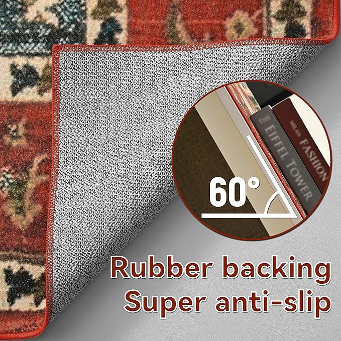 YJ.GWL Area Rug 2x3 Floral Vintage Rugs, Indoor Entrance Door Mat Small Washable Rugs, Non Slip Carpet for Living Room Entryway Kitchen, Orange-Red
