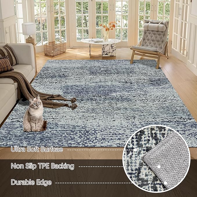 RUGSURE Washable Area Rug - 1/6 Thick - Stain & Water Resistant Non-Slip - Resistant Rug for Living Room, Bedroom, Nursery, Pet & Child Friendly, Vintage Charm Area Rugs (Grey+LightTeal, 5' x 7')
