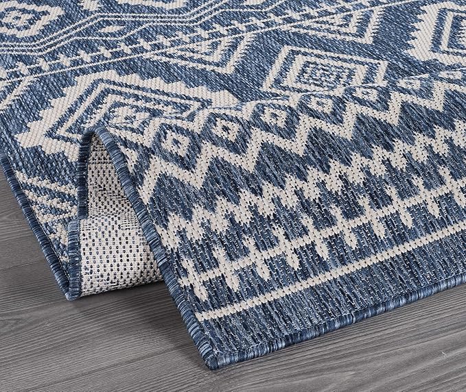 Beverly Rug Waikiki Boho Indoor Outdoor Rug 6x9, Washable Outside Carpet for Patio, Deck, Porch, Bohemian Area Rug, Farmhouse Rugs, Aztec Tribal Rug, Azure and White