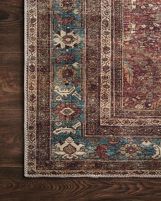 Loloi Layla Collection LAY-01 Brick/Blue 7'-6" x 9'-6" .13" Thick Area Rug, Soft, Durable, Vintage Inspired, Distressed, Low Pile, Non-Shedding, Easy Clean, Printed, Living Room Rug