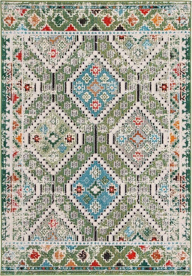 SAFAVIEH Madison Collection Area Rug - 9' x 12', Green & Beige, Boho Diamond Distressed Design, Non-Shedding & Easy Care, Ideal for High Traffic Areas in Living Room, Bedroom (MAD418Y)