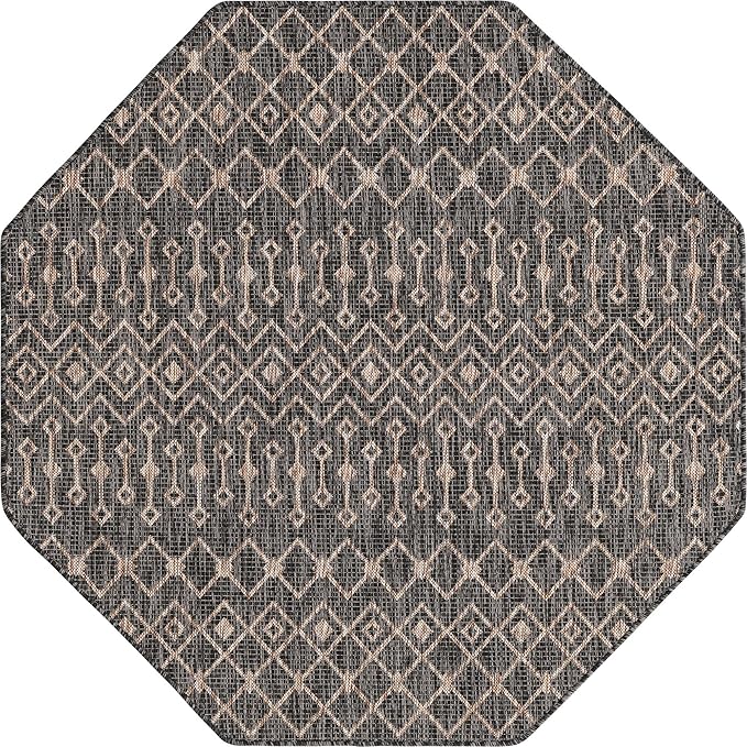 Unique Loom Outdoor Trellis Collection Area Rug - Tribal Trellis (5' 3" Octagon, Charcoal Gray/ Natural)