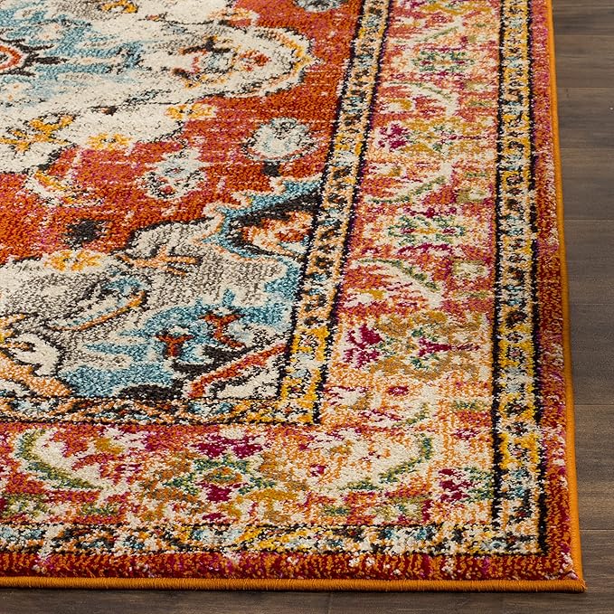 SAFAVIEH Monaco Collection Runner Rug - 2'2" x 12', Orange & Light Blue, Boho Chic Medallion Distressed Design, Non-Shedding & Easy Care, Ideal for High Traffic Areas in Living Room, Bedroom (MNC243H)