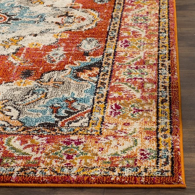 SAFAVIEH Monaco Collection Area Rug - 6'7" Square, Orange & Light Blue, Boho Chic Medallion Distressed Design, Non-Shedding & Easy Care, Ideal for High Traffic Areas in Living Room, Bedroom (MNC243H)