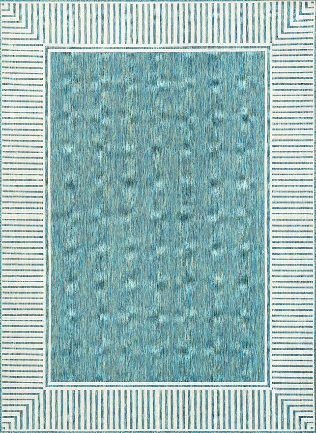 Nuloom Asha Teal/Ivory, 5' x 8', Casual, Striped Border, Soft and Cozy, High Traffic, Stain Resistant, Easy Clean, Durable Area Rug for Indoor/Outdoor Patio, Deck, Porch, Garden, Courtyard