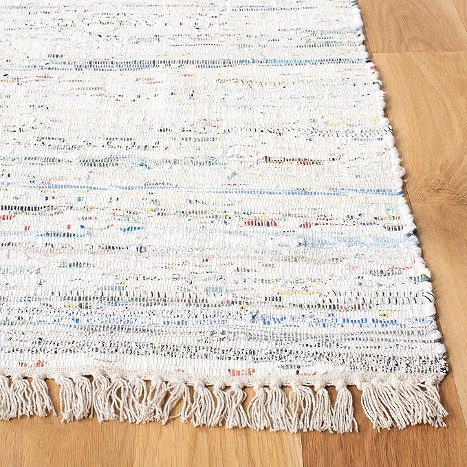 SAFAVIEH Rag Rug Collection Area Rug - 5' x 8', Ivory & Multi, Handmade Boho Stripe Cotton, Ideal for High Traffic Areas in Living Room, Bedroom (RAR121G)