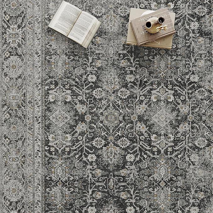 Black Runner Rug 2x7 Vintage Area Carpet Hallway Long Indoor Kitchen Washable Living Room Low Pile Traditional Distressed Retro Accent Throw Rug Non Slip Laundry Bathroom Office Dining Room