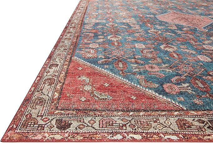 Loloi Layla Collection LAY-10 Marine/Clay 5'-0" x 7'-6" .13" Thick Area Rug, Soft, Durable, Vintage Inspired, Distressed, Low Pile, Non-Shedding, Easy Clean, Printed, Living Room Rug