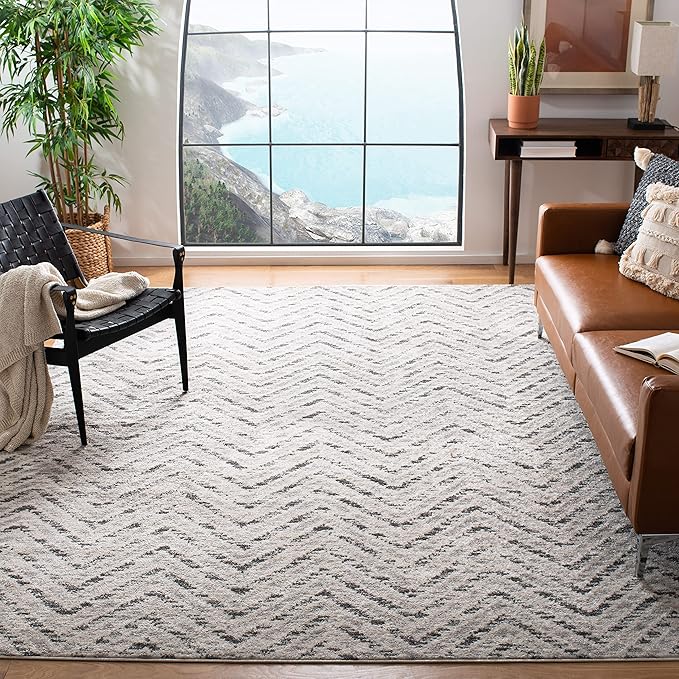 SAFAVIEH Adirondack Collection Area Rug - 8' Square, Ivory & Charcoal, Chevron Design, Non-Shedding & Easy Care, Ideal for High Traffic Areas in Living Room, Bedroom (ADR104N)
