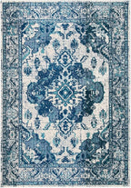 SAFAVIEH Monaco Collection Area Rug - 6'7" x 9'2", Ivory & Blue, Boho Chic Medallion Distressed Design, Non-Shedding & Easy Care, Ideal for High Traffic Areas in Living Room, Bedroom (MNC243A)