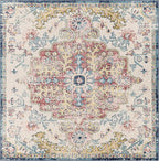 Livabliss Area Rugs - 5x5 Odelia Vintage Boho Aqua Burgandy Blue Square Area Rug for Living Room Bedroom - Floral Medallion Stain Resistant Carpet for Kitchen, Nursery, Office (5'3" Square)