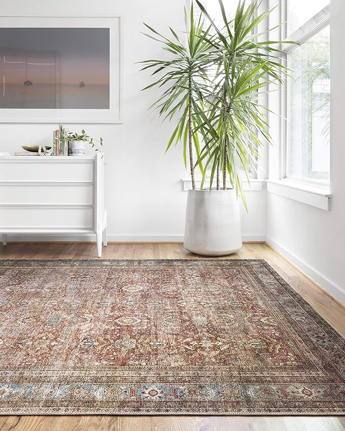 Loloi Layla Collection LAY-01 Brick/Blue 3'-6" x 5'-6" .13" Thick Accent Rug, Soft, Durable, Vintage Inspired, Distressed, Low Pile, Non-Shedding, Easy Clean, Printed, Living Room Rug