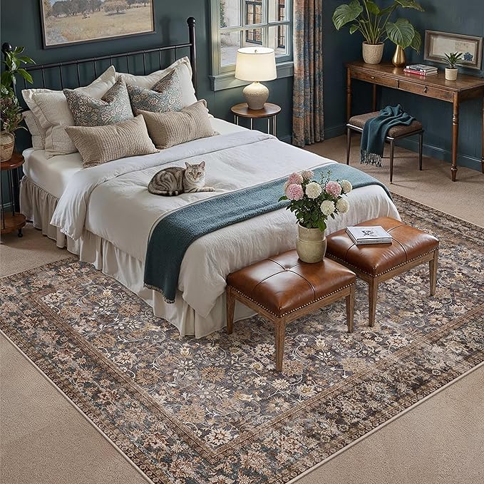 HUGEAR 9x12 Machine Washable Rugs Tradition Brown Hallway Large Area Rug Indoor Accent Rug Floral Low Pile Carpet Soft Throw Aesthetic Rug Bedroom Living Room Office Dining Room Kitchen Laundry Room