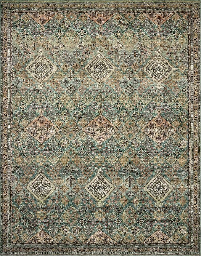 Loloi Magnolia Home by Joanna Gaines Sinclair Collection SIN-03 Turquoise/Multi 8'-6" x 11'-6", .25" Pile Height, Machine Washable, Area Rug