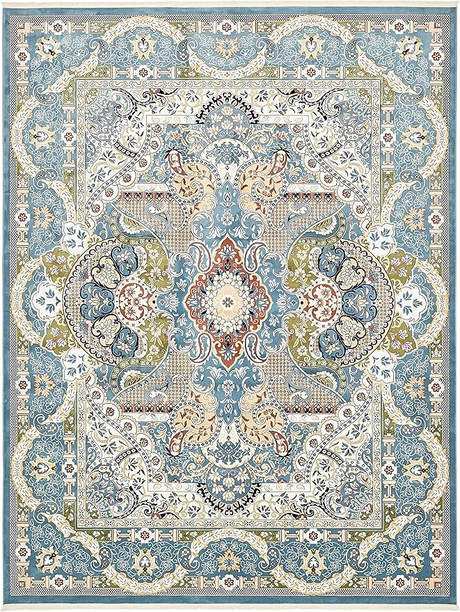 Unique Loom Narenj Collection Classic Traditional Medallion Textured Design Area Rug, 10 x 13 ft, Blue/Tan