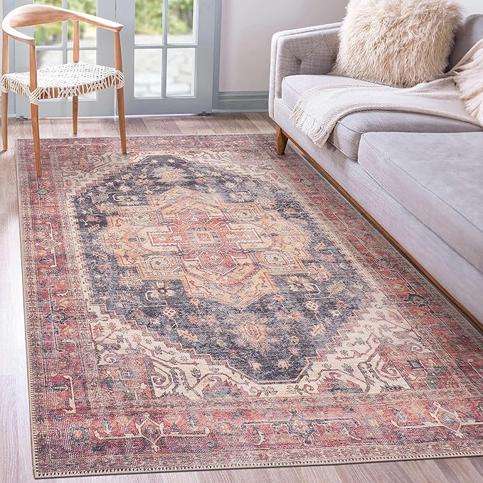 GLN Rugs Traditional Collection - Machine Washable Area Rug, Traditional Washable, Non Slip, Low Pile Chenille Rug, Living Room, Bedroom, Kitchen Rug (4' x 6' Black/Terra)
