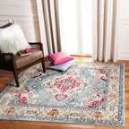 SAFAVIEH Monaco Collection Area Rug - 11' Square, Light Blue & Fuchsia, Boho Chic Medallion Distressed Design, Non-Shedding & Easy Care, Ideal for High Traffic Areas in Living Room, Bedroom (MNC243J)