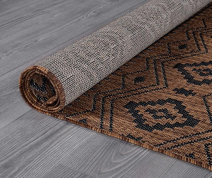 Beverly Rug Waikiki Boho Indoor Outdoor Rug 9x12, Washable Outside Carpet for Patio, Deck, Porch, Bohemian Area Rug, Farmhouse Rugs, Aztec Tribal Rug, Nut Brown and Black