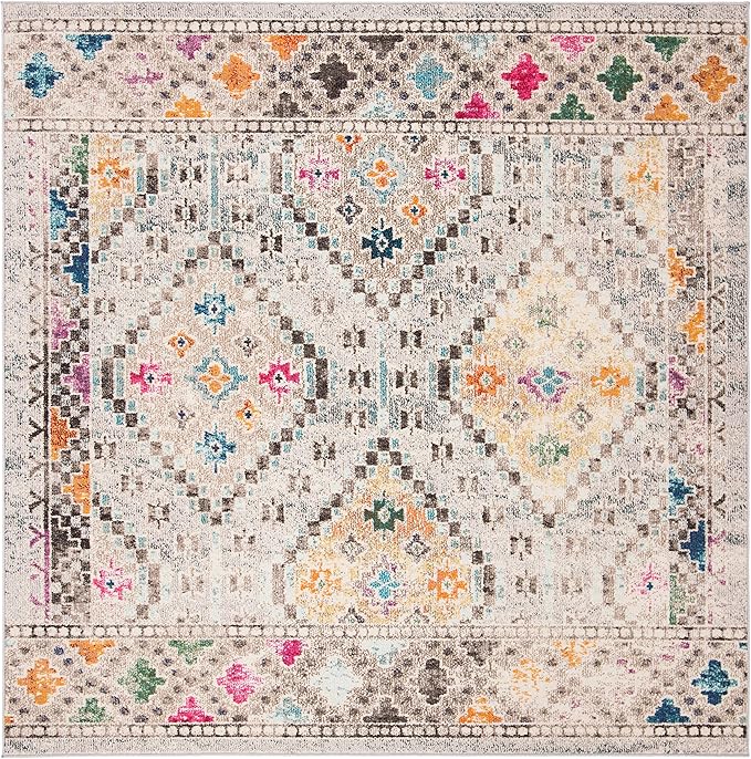 SAFAVIEH Madison Collection Area Rug - 5' Square, Grey & Yellow, Boho Diamond Distressed Design, Non-Shedding & Easy Care, Ideal for High Traffic Areas in Living Room, Bedroom (MAD418F)