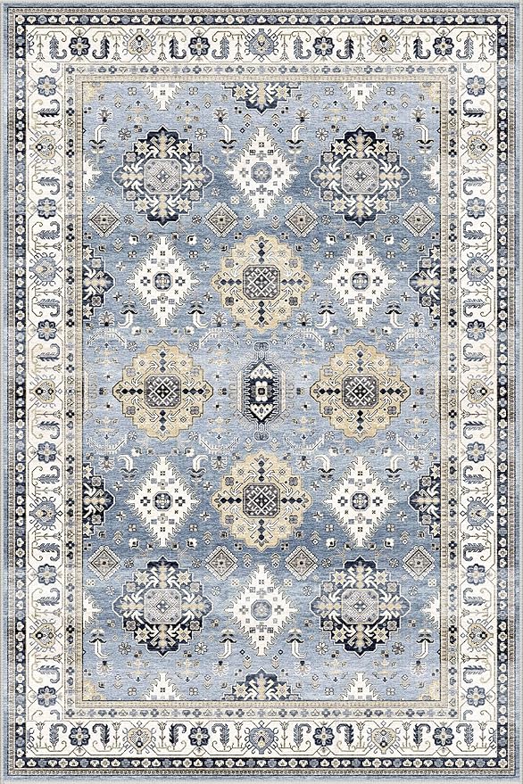 Dripex Vintage Washable Area Rug - 5x8 Distressed Rugs for Living Room Bedroom Oriental Medallion Floral Print Carpet Low-Pile Indoor Soft Non-Slip Accent Rug Farmhouse Office Home Decor