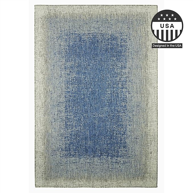 FH Home Outdoor Rug - Waterproof Easy to Clean Stain Resistant - Patio Indoor Outdoor Porch Deck Balcony Entryway - Ombre Modern - Dhruva - Blue - 4' x 6'