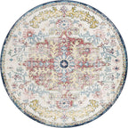 Livabliss Area Rugs - 8ft Round Odelia Vintage Boho Aqua Burgandy Blue Round Area Rug for Living Room Bedroom - Floral Medallion Stain Resistant Carpet for Kitchen, Nursery, Office (7'10" Round)