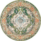 SAFAVIEH Monaco Collection Area Rug - 5' Round, Forest Green & Light Blue, Boho Medallion Distressed Design, Non-Shedding & Easy Care, Ideal for High Traffic Areas in Living Room, Bedroom (MNC243F)