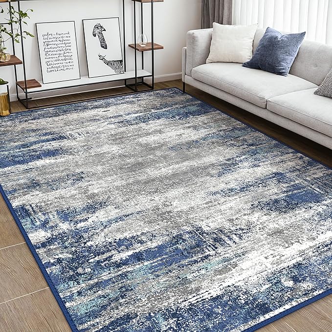 Bavni Washable Area Rug, Soft Abstract Rugs Non-Slip, Thin Foldable 3x5 Rug, Modern Stain Resistant Rug for Living Room, Kitchen, Bedroom, Blue/Ivory