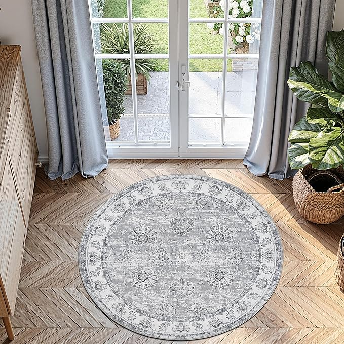 jinchan Fiora Round Rug 4ft Area Rug - Indoor Vintage Hallway Circle 4' Washable - Ultra-Thin Low Pile Soft Small Non Slip Distressed Floral Print for Living Room Dining Room Bedroom Entryway Grey