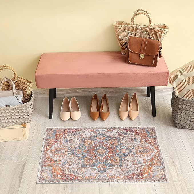GLN Rugs Traditional Collection - Machine Washable Area Rug, Traditional Washable, Non Slip, Low Pile Chenille Rug, Living Room, Bedroom, Kitchen Rug (2' x 3' Cream/Terra)